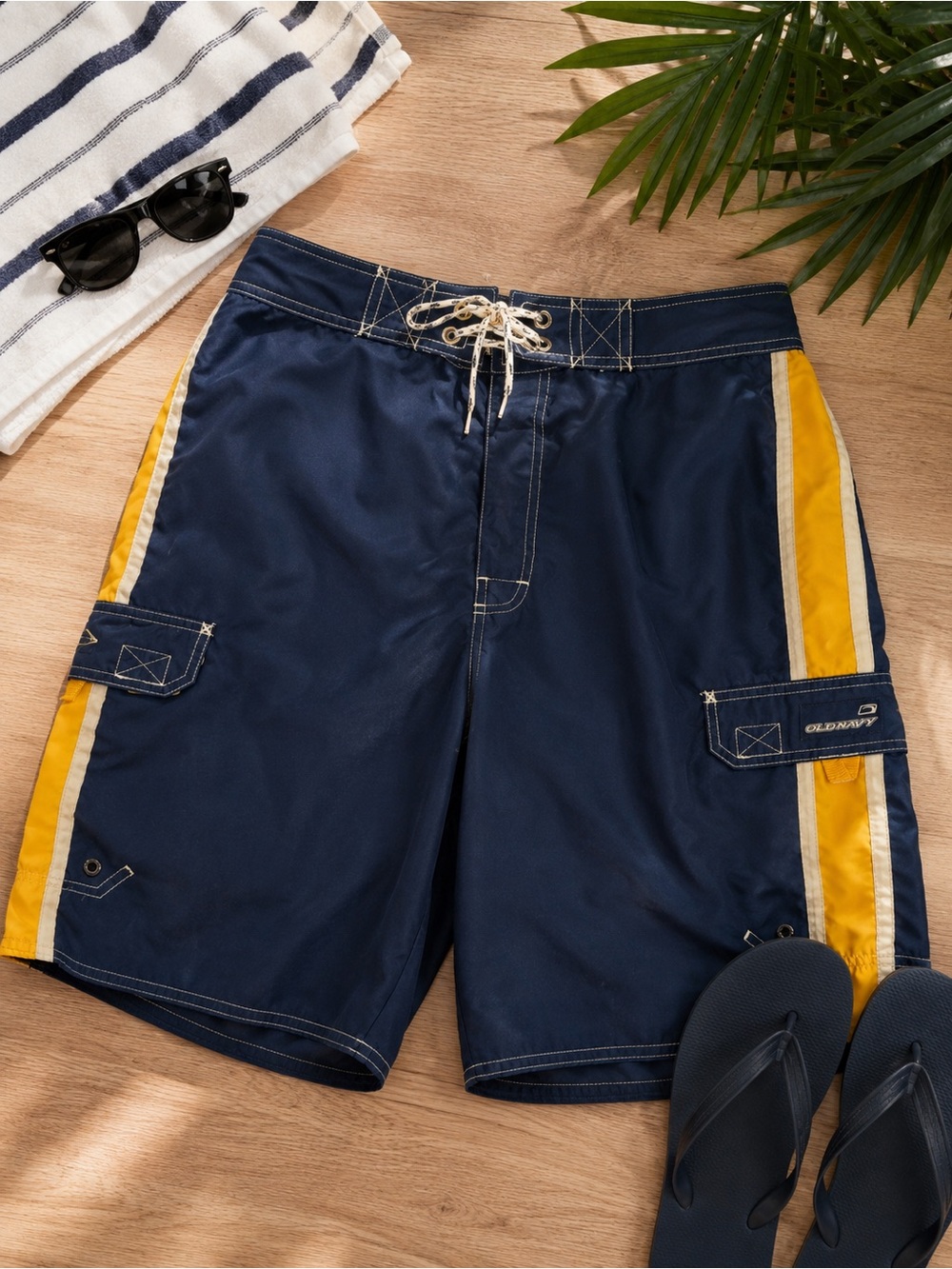 Old Navy Navy and Yellow Men's Boardshorts with Side Stripes